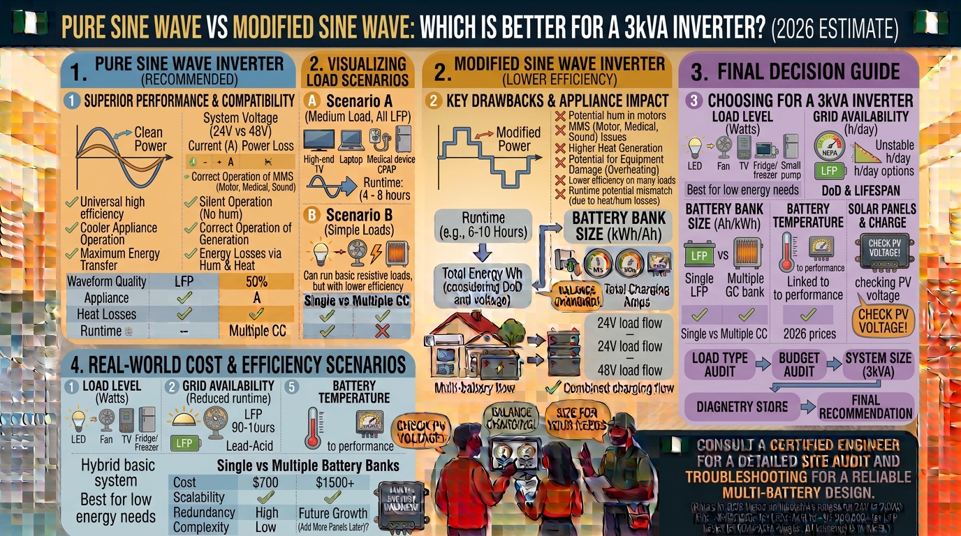 Here is the detailed comparison infographic for a 3kVA inverter. The left column outlines the superior performance and universal compatibility of Pure Sine Wave inverters, which are essential for sensitive electronics. The center column highlights the lower efficiency and equipment compatibility issues of Modified Sine Wave inverters, which should only be used for simple, resistive loads. Finally, the column on the right provides a final decision guide based on critical factors such as budget, equipment sensitivity, and required reliability.