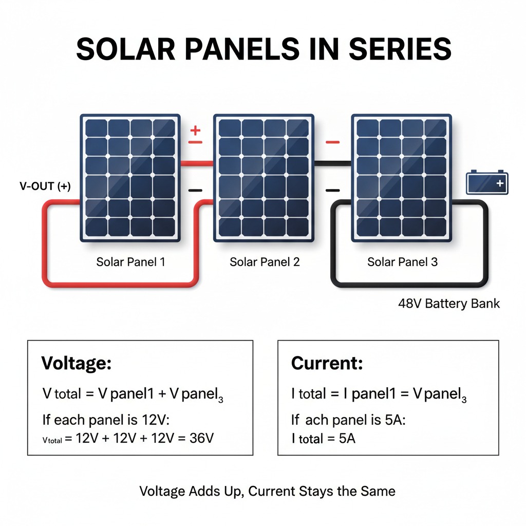 A diagram illustrates how three solar panels connected in series increase total voltage while maintaining constant current, with accompanying mathematical formulas.