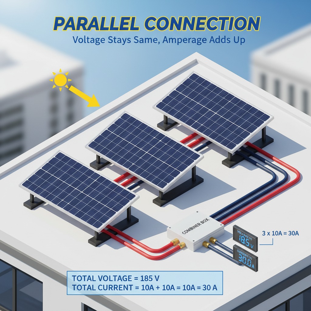 A diagram illustrates a parallel connection of three solar panels on a roof, showing how they feed into a combiner box to maintain constant voltage while increasing total amperage.