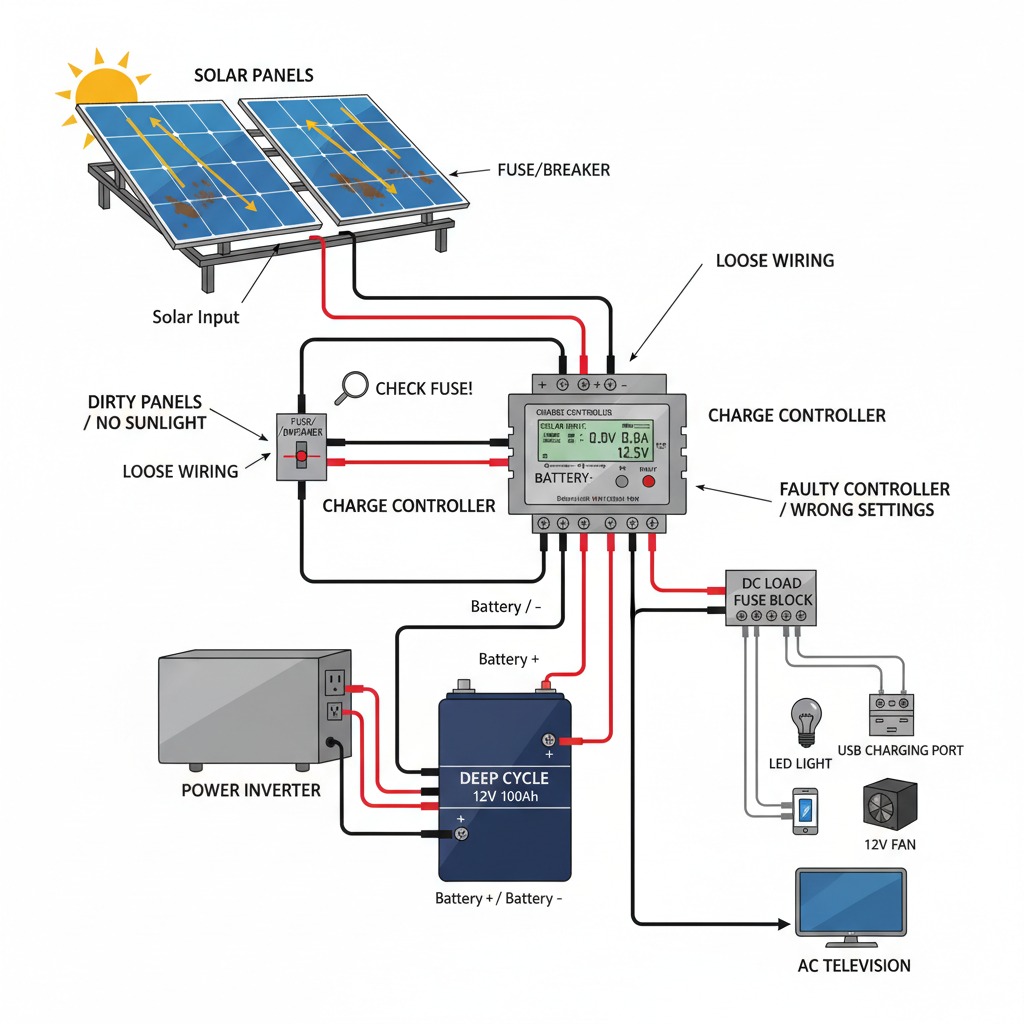 A technical diagram illustrates a solar power system with labels identifying potential points of failure, including solar panels, a charge controller, a deep cycle battery, an inverter, and various DC and AC loads.