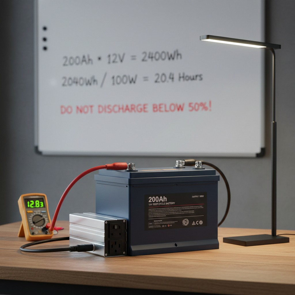 A 200Ah deep cycle battery connected to an inverter and a multimeter sits on a wooden desk in front of a whiteboard showing battery capacity calculations.