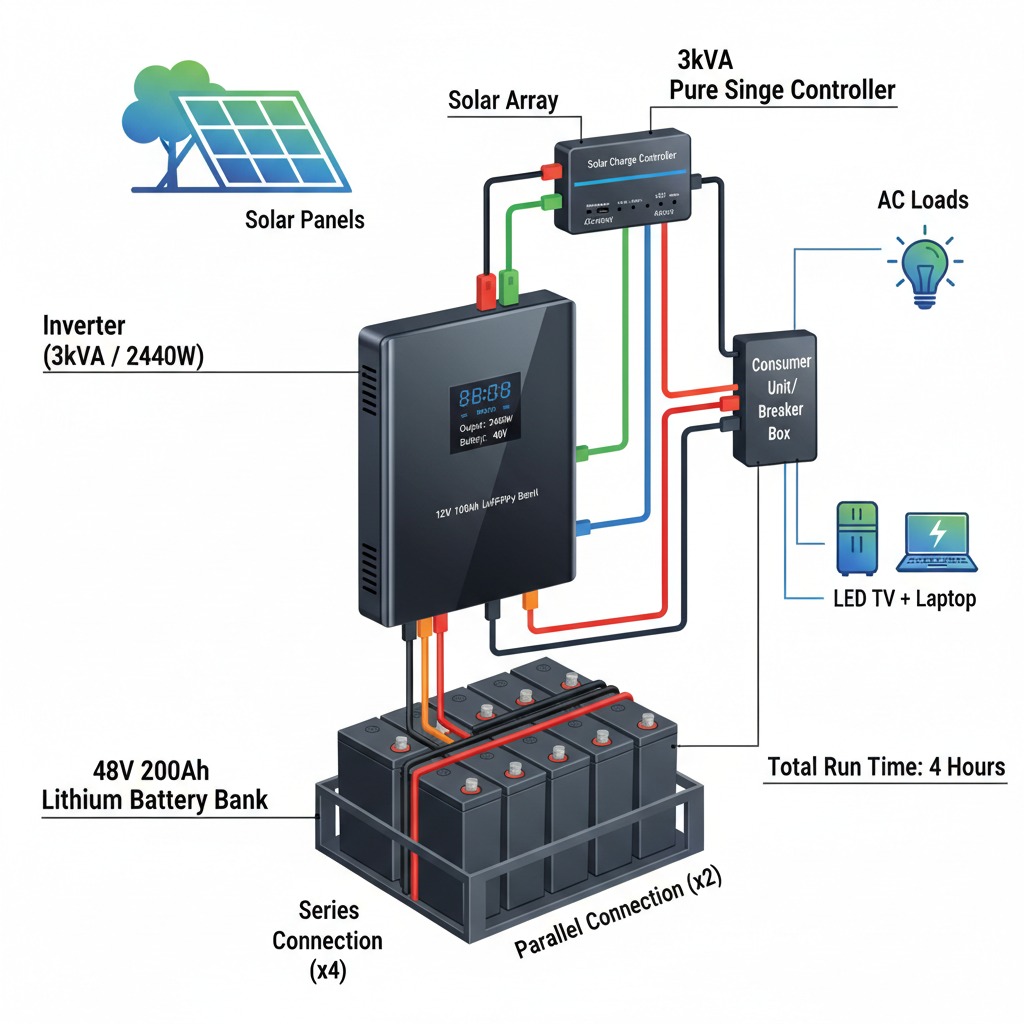 A diagram illustrates a solar power system connecting solar panels, a charge controller, an inverter, and a lithium battery bank to power household appliances.
