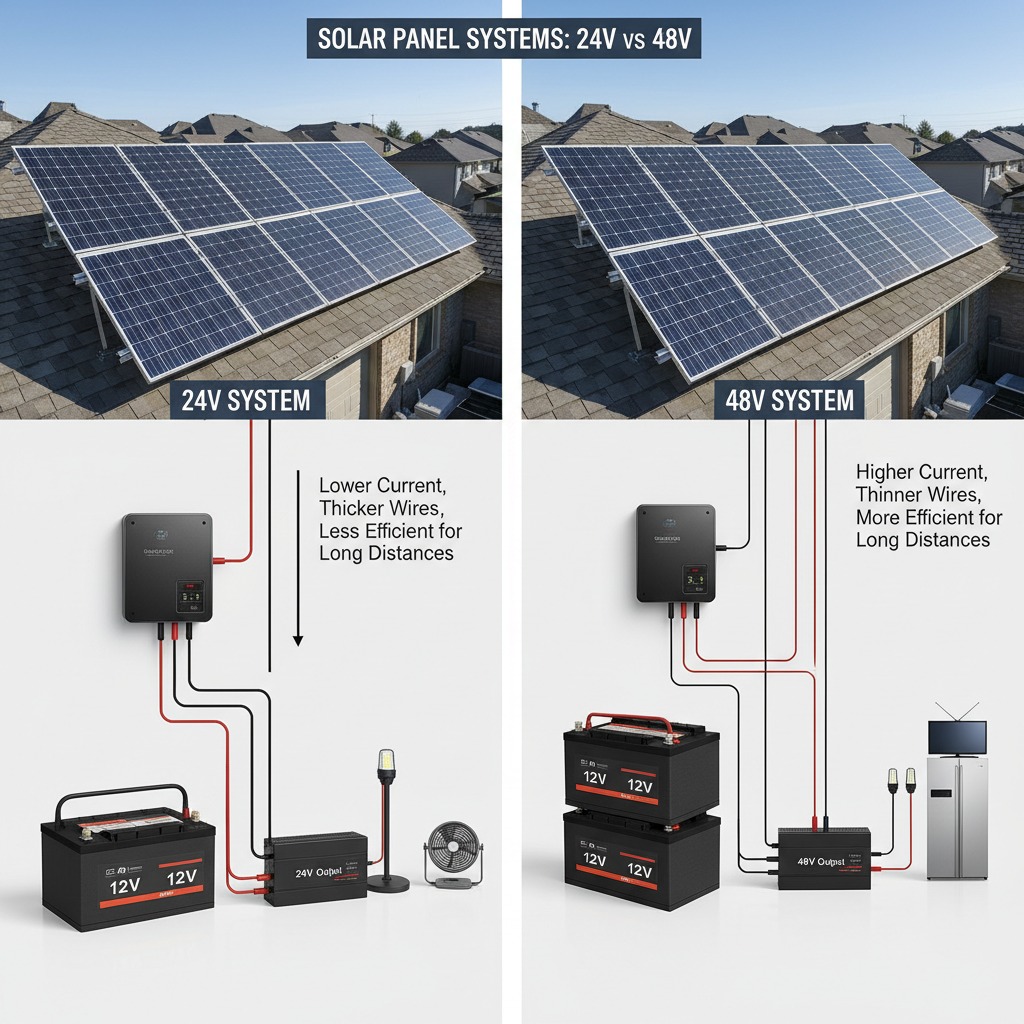 A comparison infographic illustrates the differences between 24V and 48V solar panel systems, highlighting wiring requirements and efficiency for each setup.