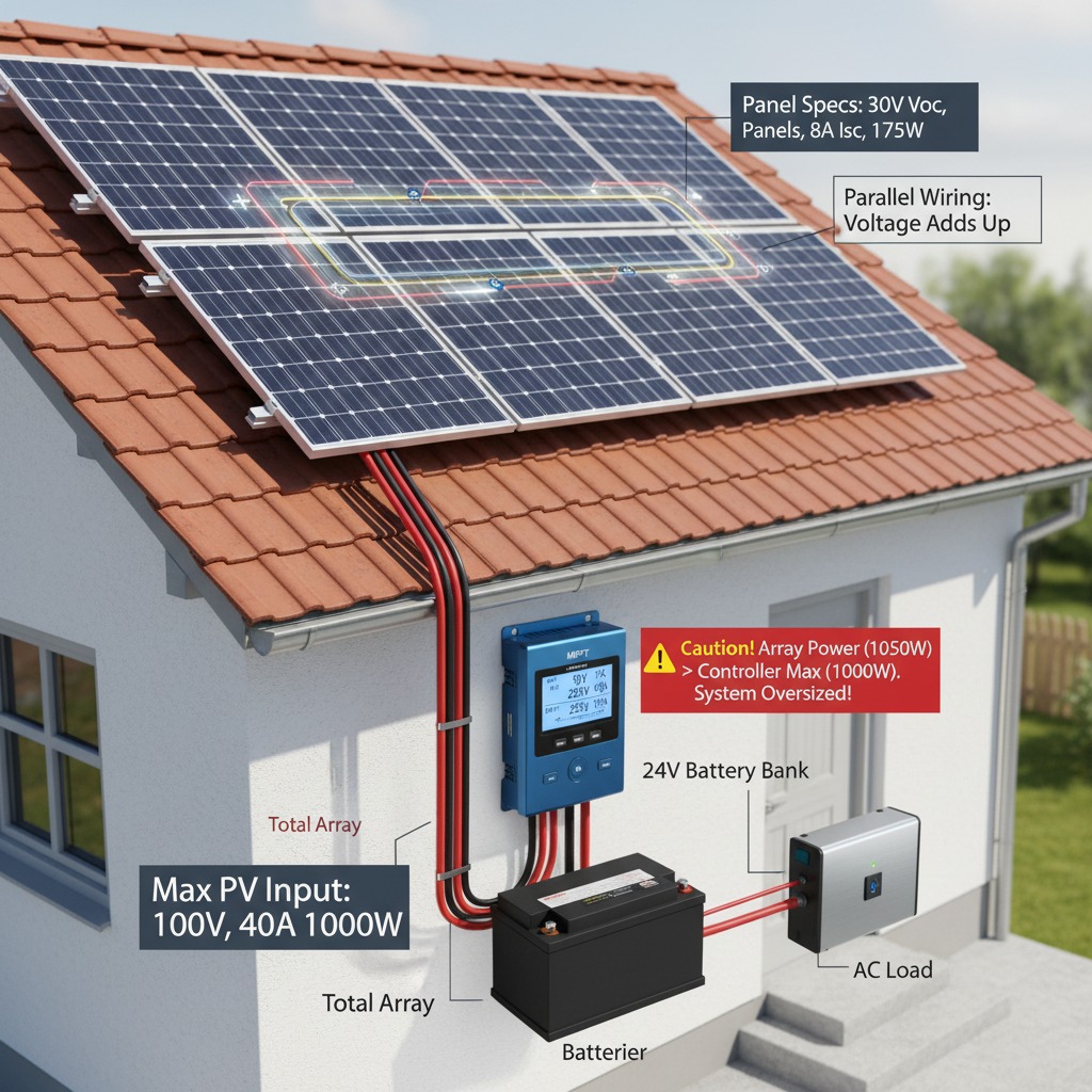 A diagram illustrates a solar panel array on a house roof connected to a charge controller, battery, and AC load, highlighting an oversized system configuration.