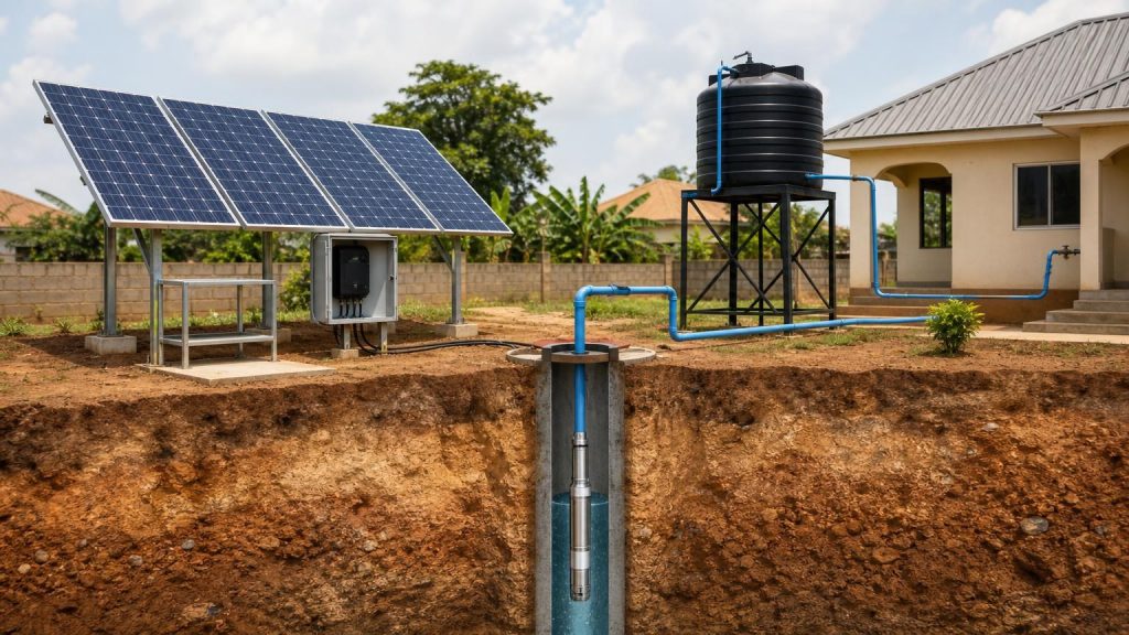 Solar panels powering a borehole pump and elevated water tank without a battery bank