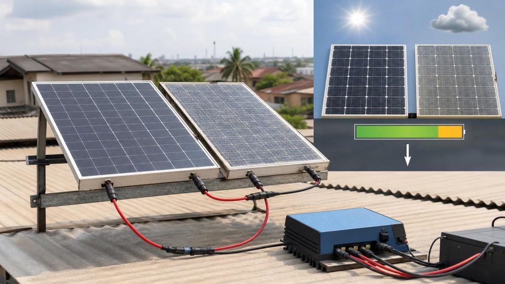 Solar panels connected in series to illustrate voltage addition and current matching