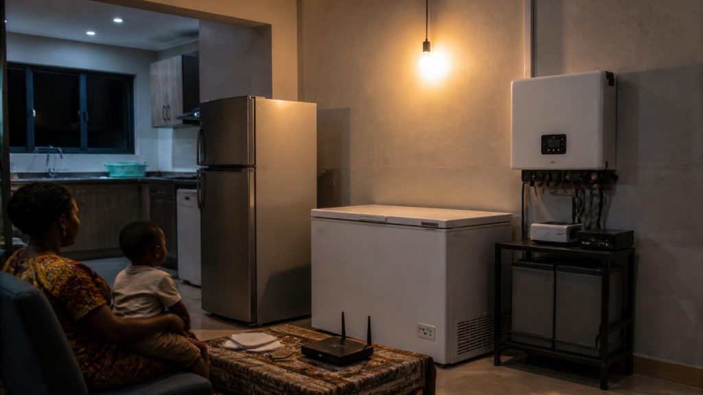A refrigerator and freezer sharing an inverter with essential household loads during a Nigerian power outage
