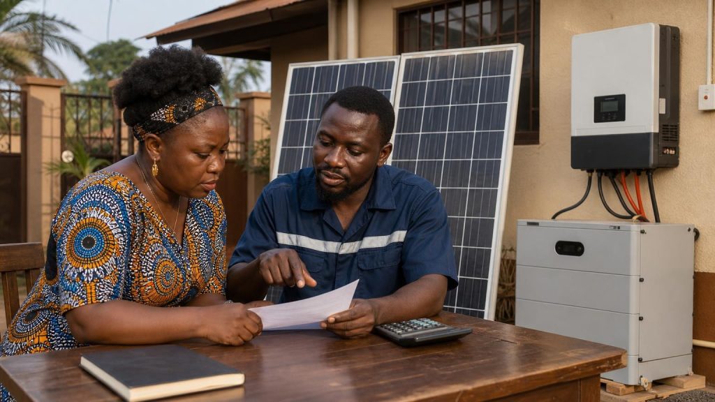 Nigerian homeowner reviewing an itemised solar quotation with an installer