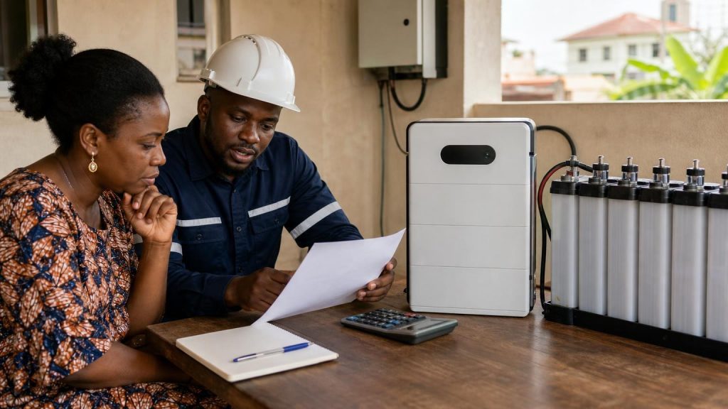Nigerian homeowner and solar installer comparing battery capacity on a solar quotation