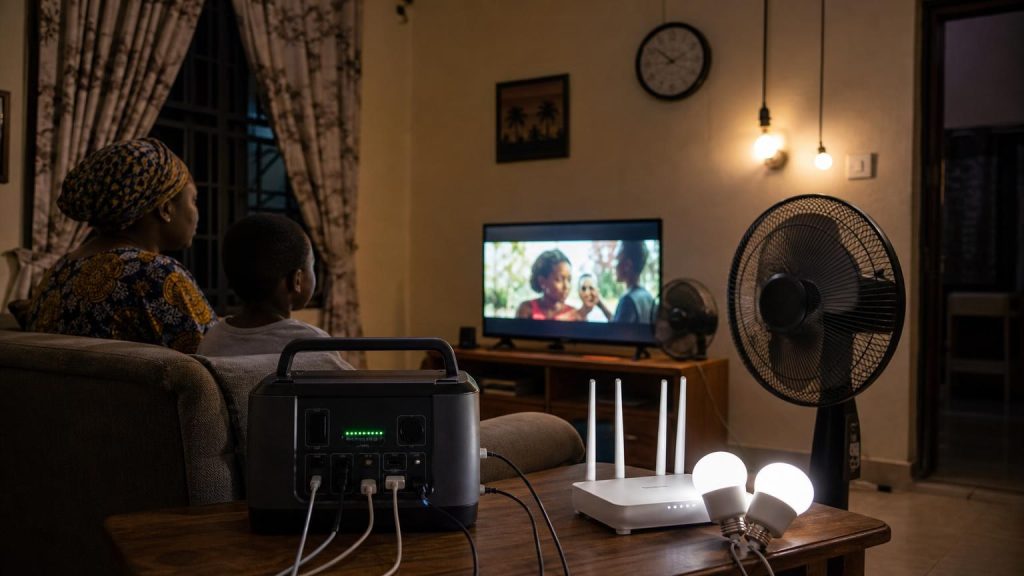 Portable solar generator powering essential appliances during a Nigerian power outage