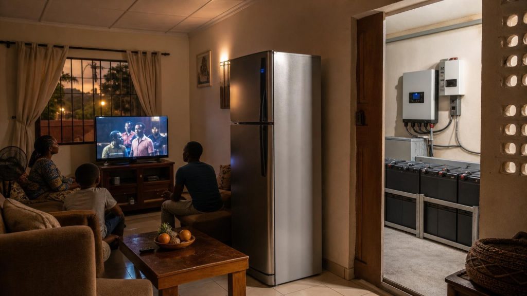 A Nigerian home refrigerator and television running from a safely installed 48V solar battery backup system during a power outage