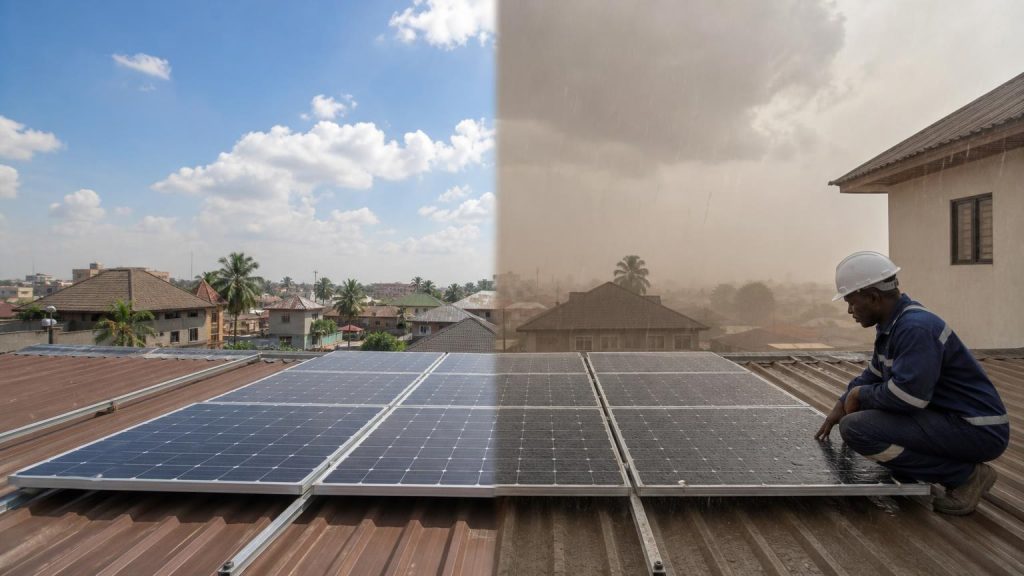 Nigerian rooftop solar panels under clear, dusty and rainy weather conditions