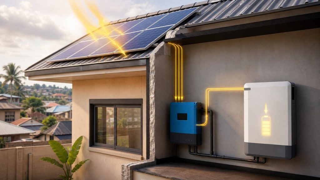 Solar panels sending energy through a charge controller into a 5kWh home battery