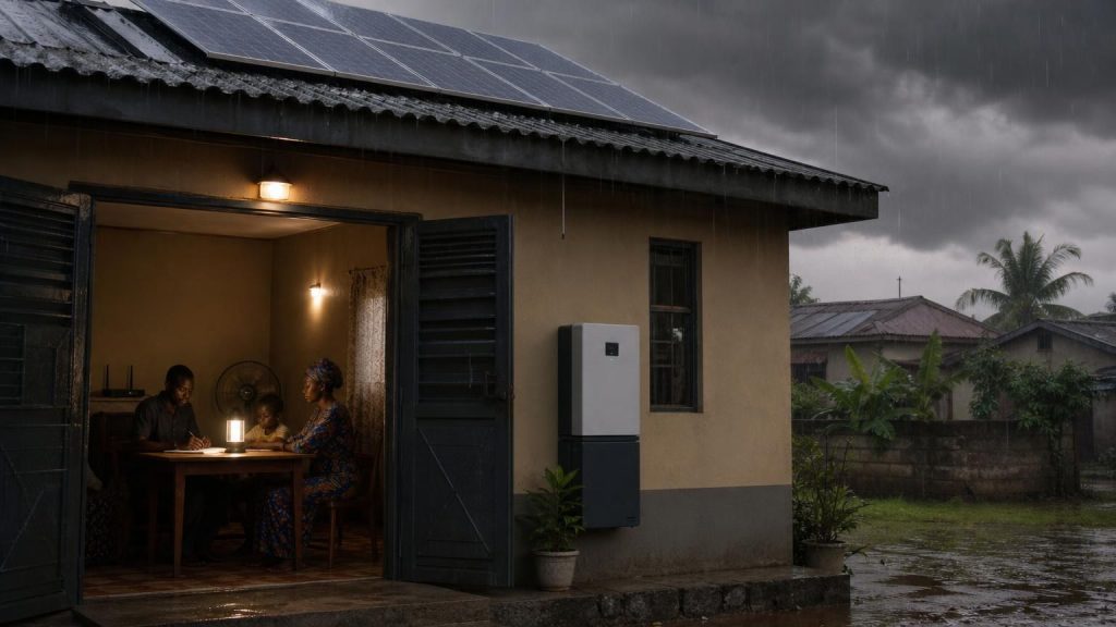 A Nigerian household prioritising essential appliances while a solar battery recovers after rain