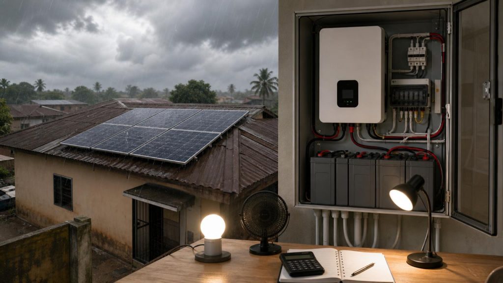 A Nigerian home solar system being monitored during a cloudy rainy day