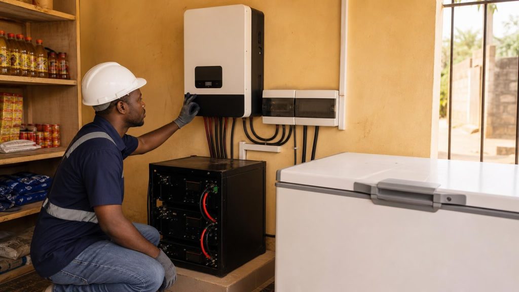 Installer checking an inverter, battery and deep freezer solar setup
