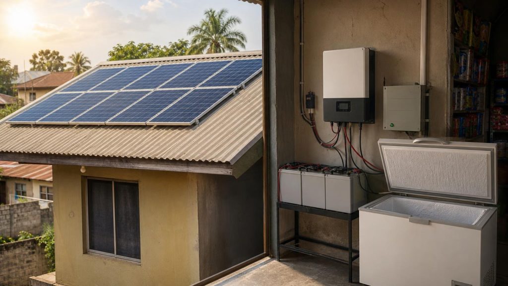 Solar panels, battery and inverter supplying a deep freezer in Nigeria