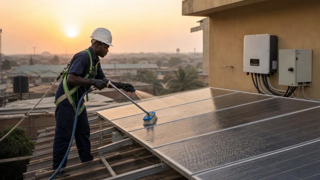 Qualified technician safely cleaning dusty solar panels during Harmattan in Nigeria