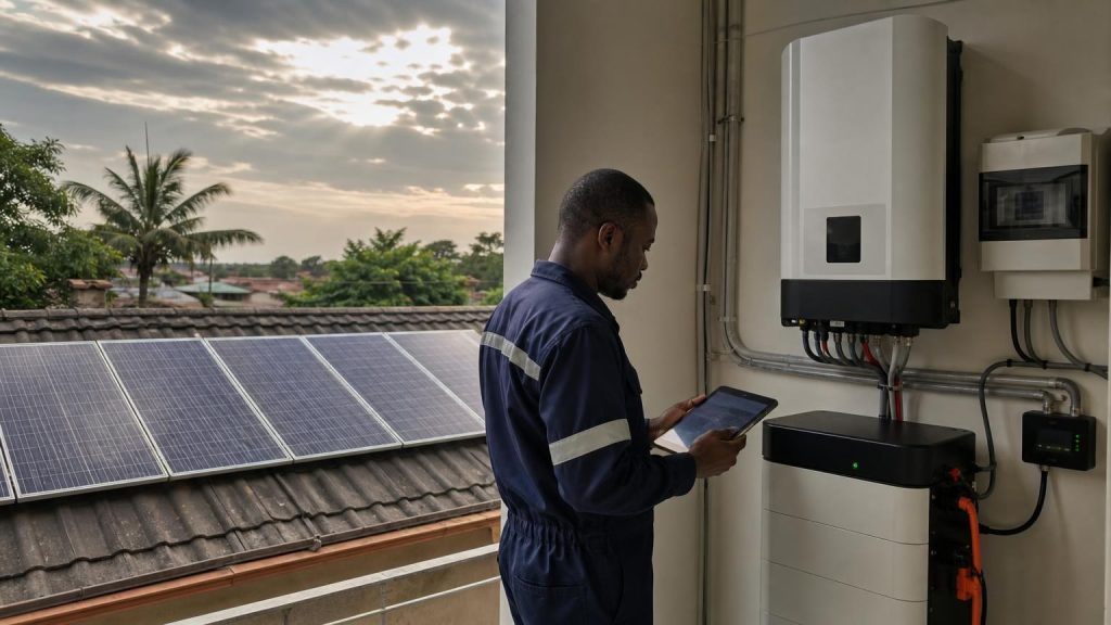 A Nigerian solar technician checking extra panel capacity needed to recharge a battery after cloudy weather