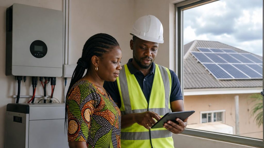 A Nigerian homeowner and solar installer recording battery and solar readings during a recovery test