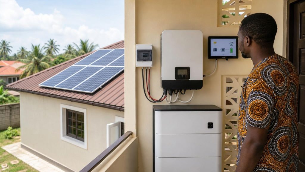 A Nigerian homeowner checking solar production and battery recharge in a hybrid backup system