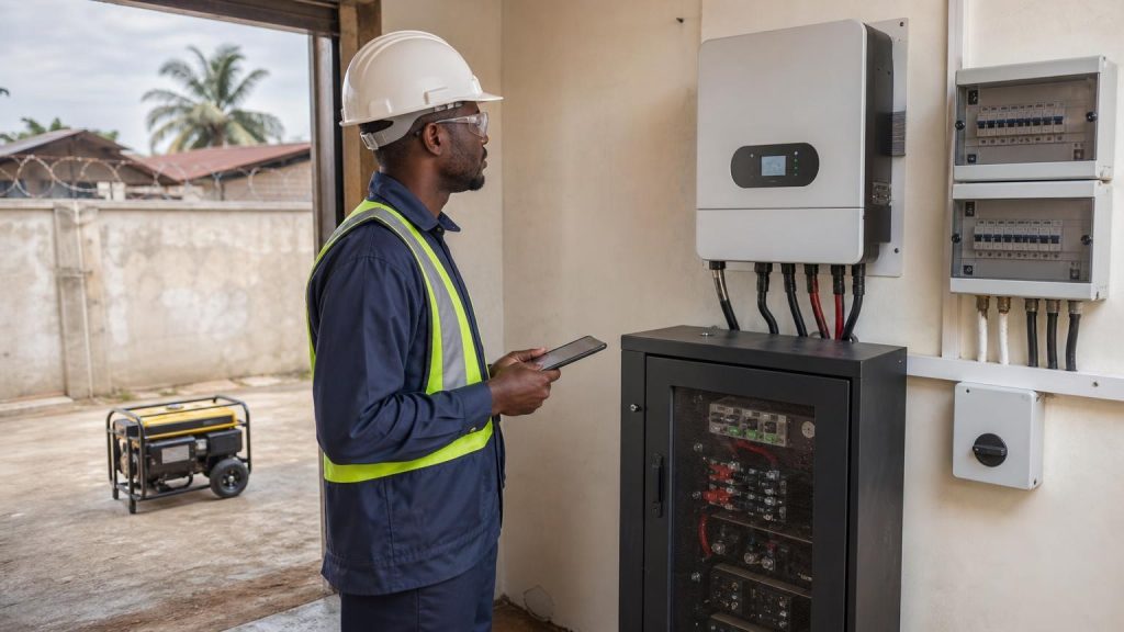 A qualified Nigerian solar technician checking hybrid inverter and generator integration