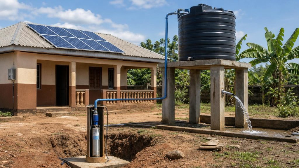 A borehole pump sending water to a raised storage tank beside solar panels at a Nigerian home