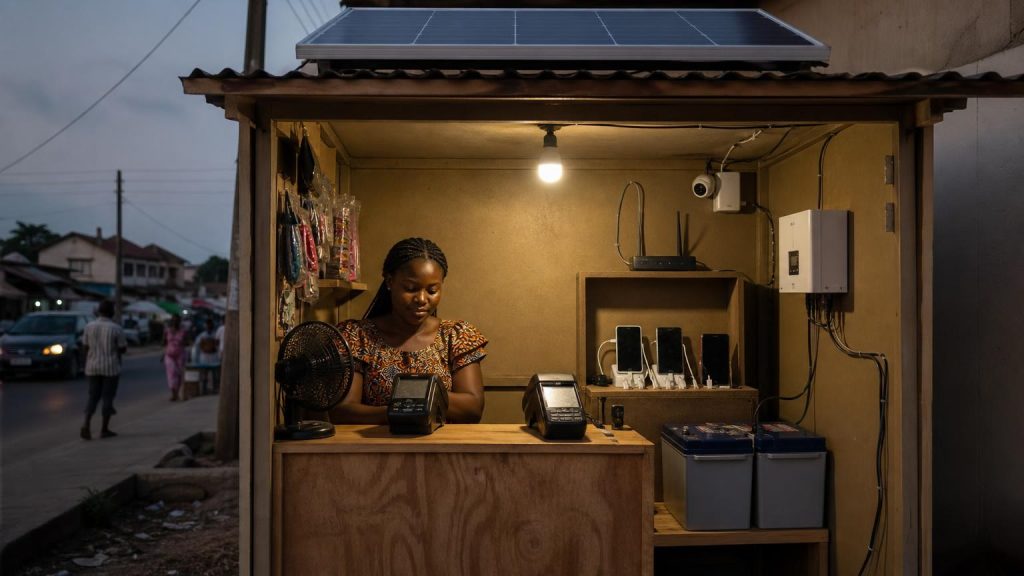 Small Nigerian POS kiosk using solar backup for terminals, lighting and networking equipment