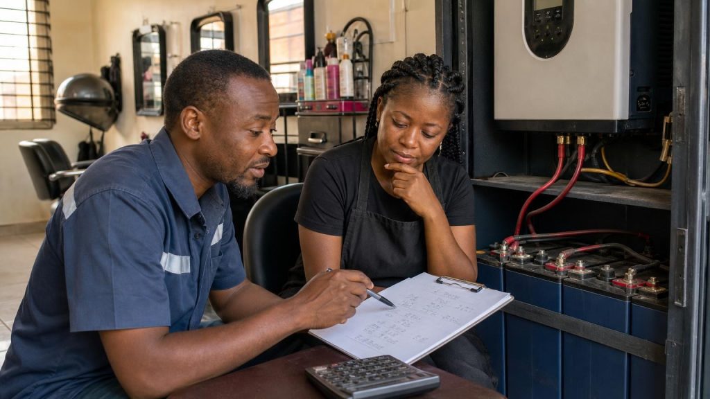 A Nigerian salon owner reviewing battery and appliance calculations for a solar system.