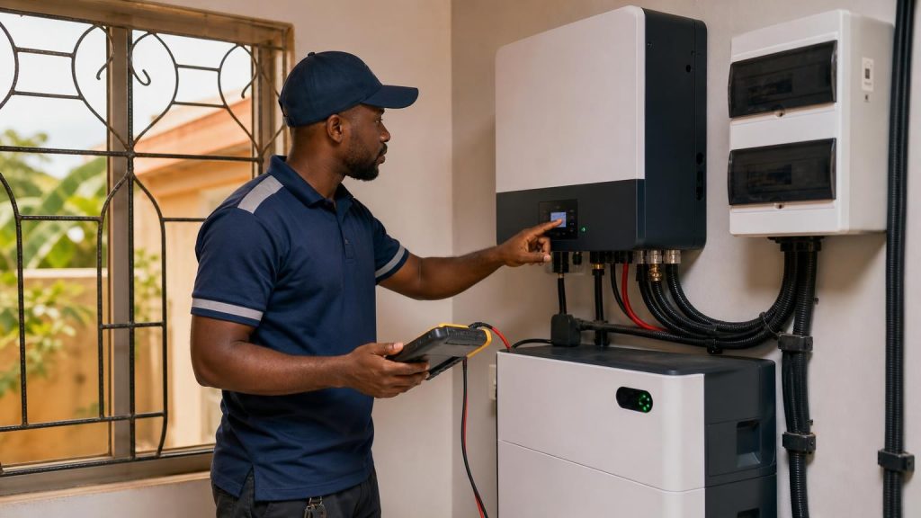 Solar technician inspecting an inverter and battery system in Nigeria