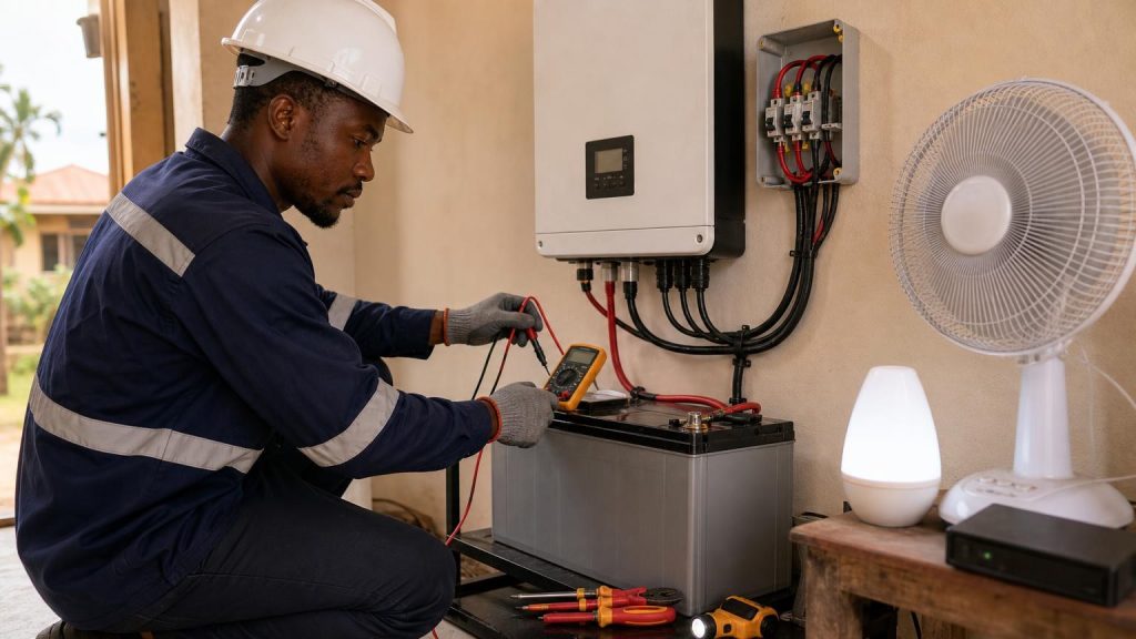 Technician safely testing a solar battery and inverter with a multimeter