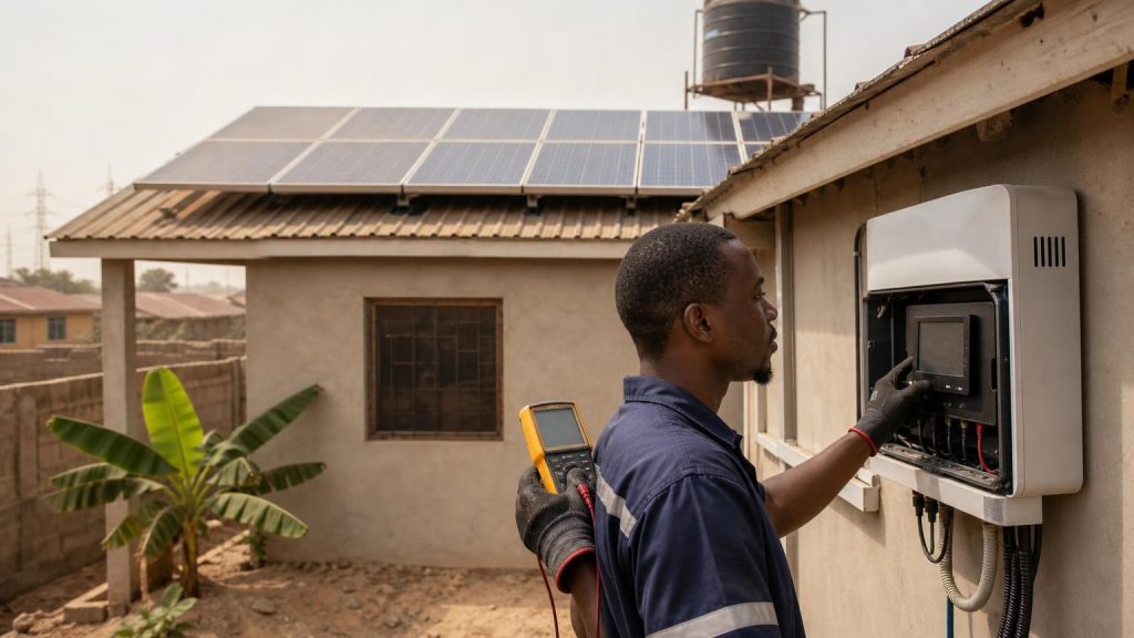 Technician checking solar panel output and inverter readings at a Nigerian home