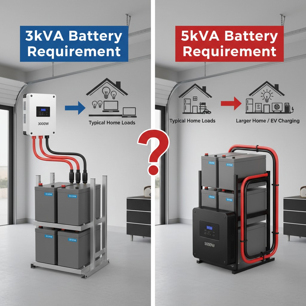 A comparison graphic shows a 3kVA battery system for typical home loads alongside a 5kVA system for larger homes and EV charging.
