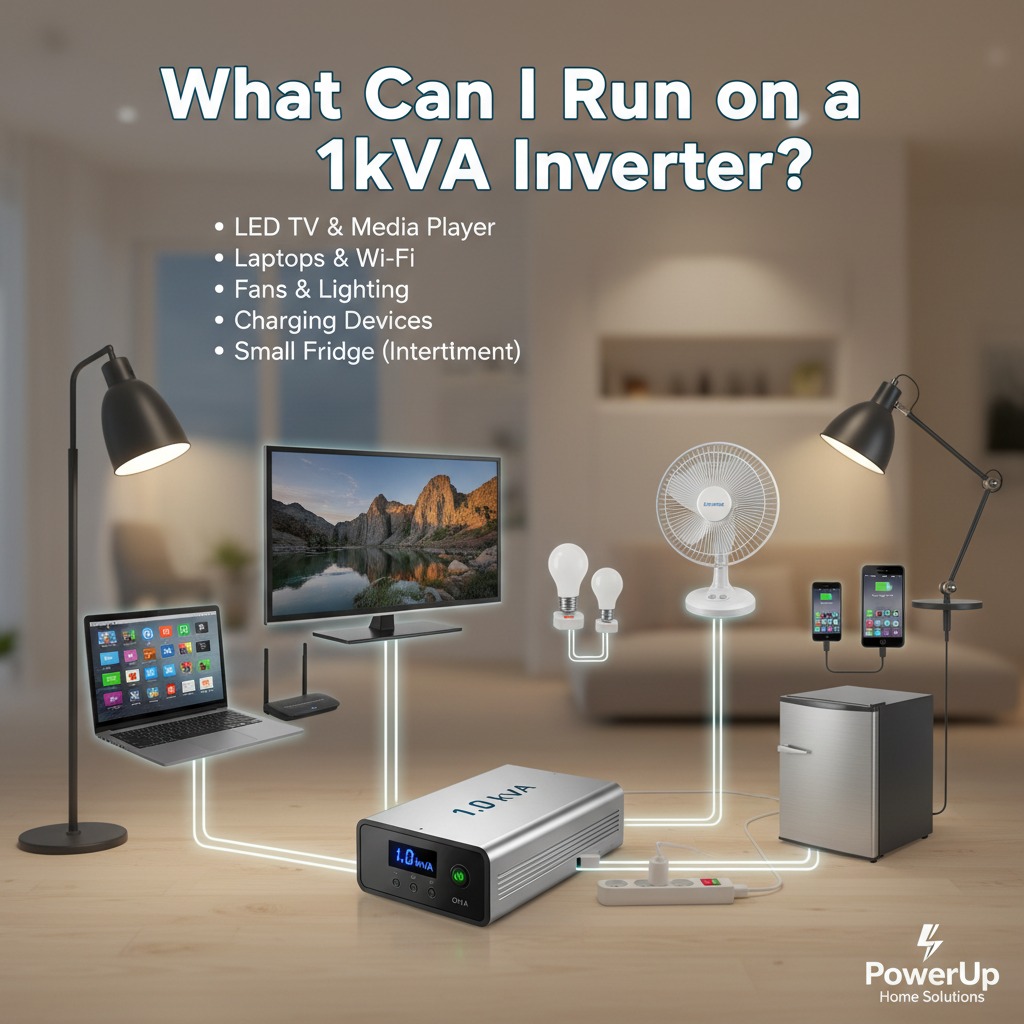 Infographic showing various household appliances connected to a 1.0 kVA inverter, including a laptop, television, router, light bulbs, desk fan, charging phones, and a small refrigerator.