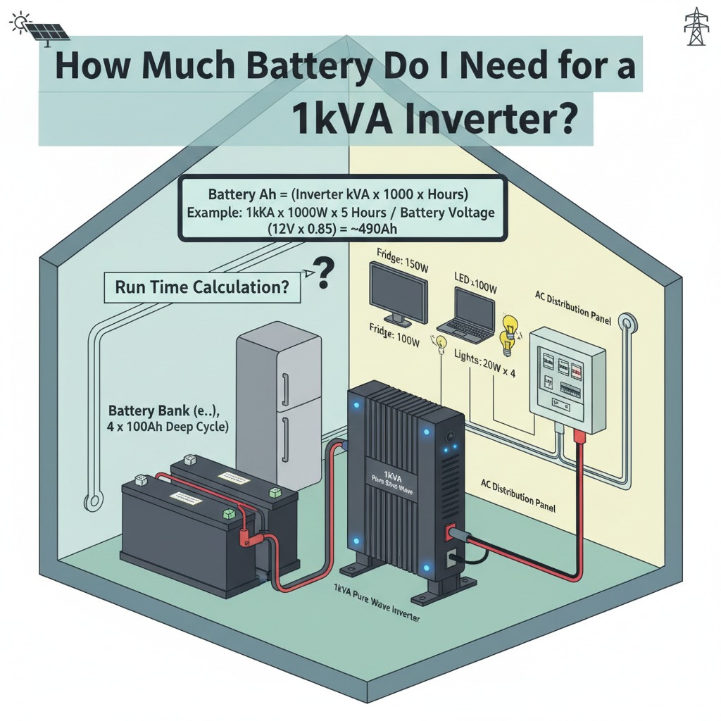 Infographic showing a 1kVA inverter connected to a battery bank, appliances, and a distribution panel with a formula for calculating required battery capacity.