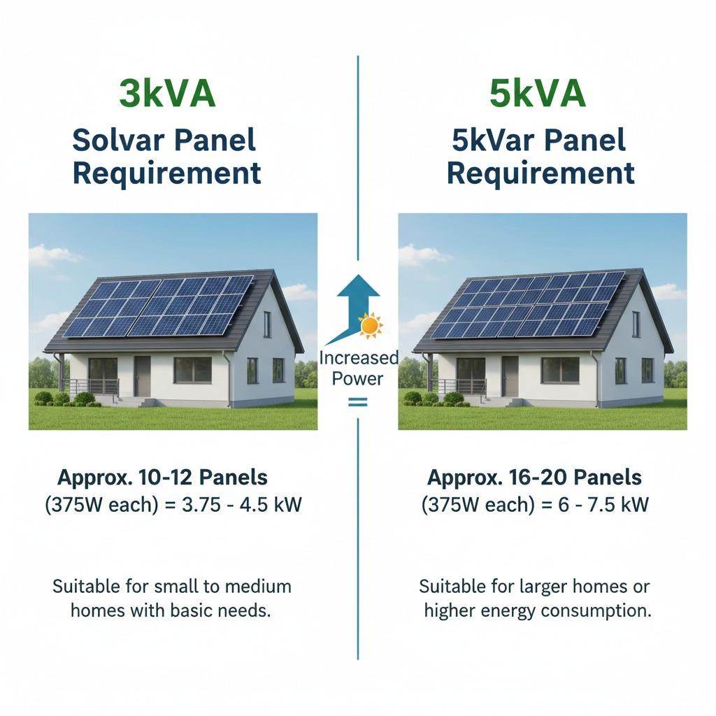 A comparison chart shows that a 3kVA solar system requires 10-12 panels for small to medium homes, while a 5kVA system requires 16-20 panels for larger homes with higher energy consumption.