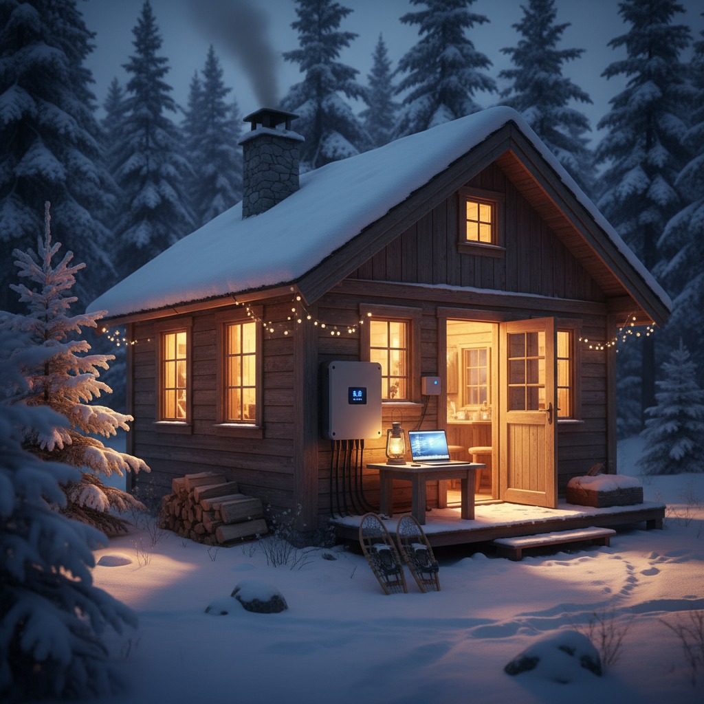 A cozy wooden cabin with a solar inverter on the exterior wall sits in a snowy forest at twilight with a laptop and lantern on the porch.