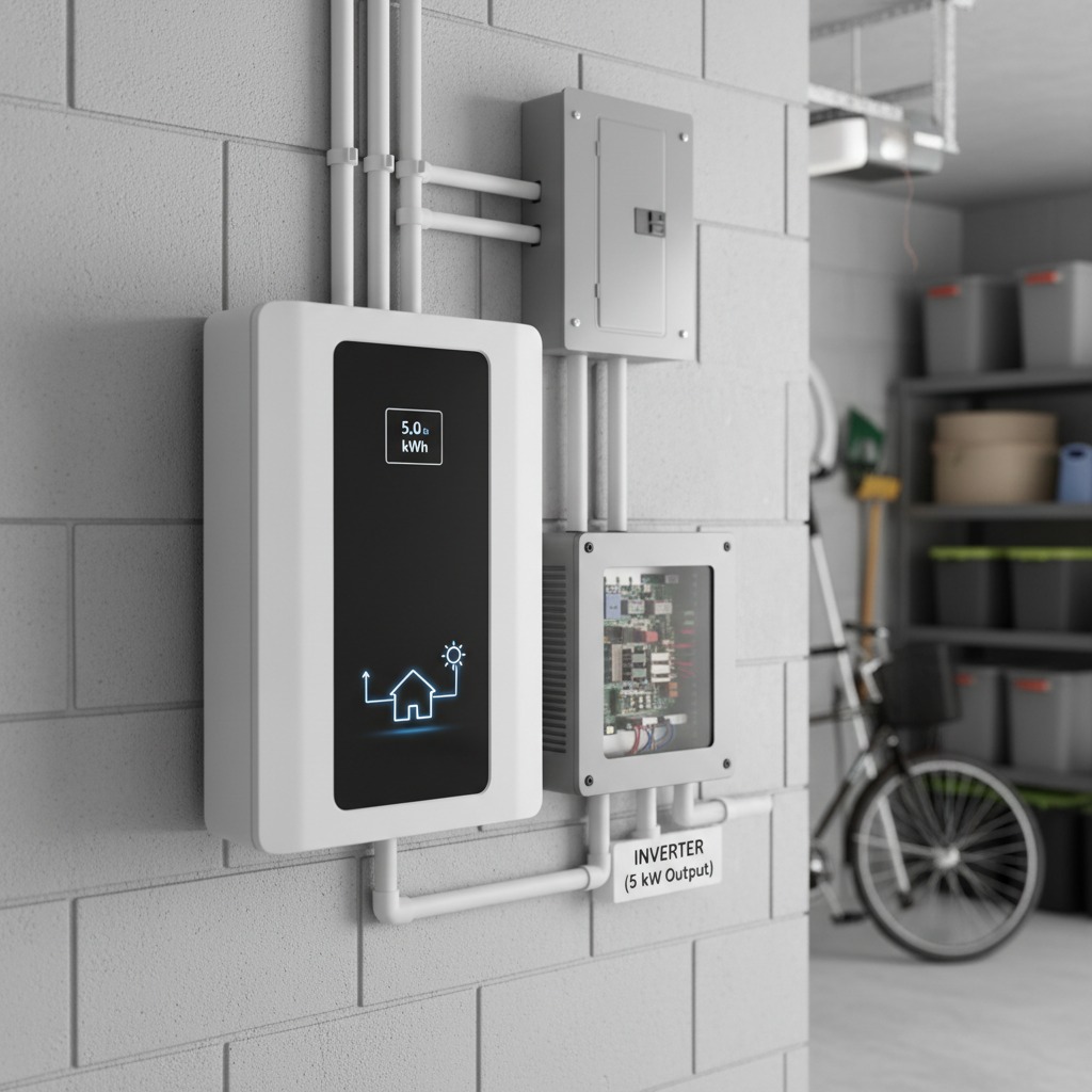 A solar energy storage unit and inverter are mounted on a gray concrete block wall in a garage.