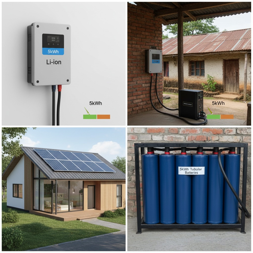 A collage showing various solar energy storage solutions, including wall-mounted lithium-ion batteries, a residential solar panel installation, and a rack of tubular batteries.