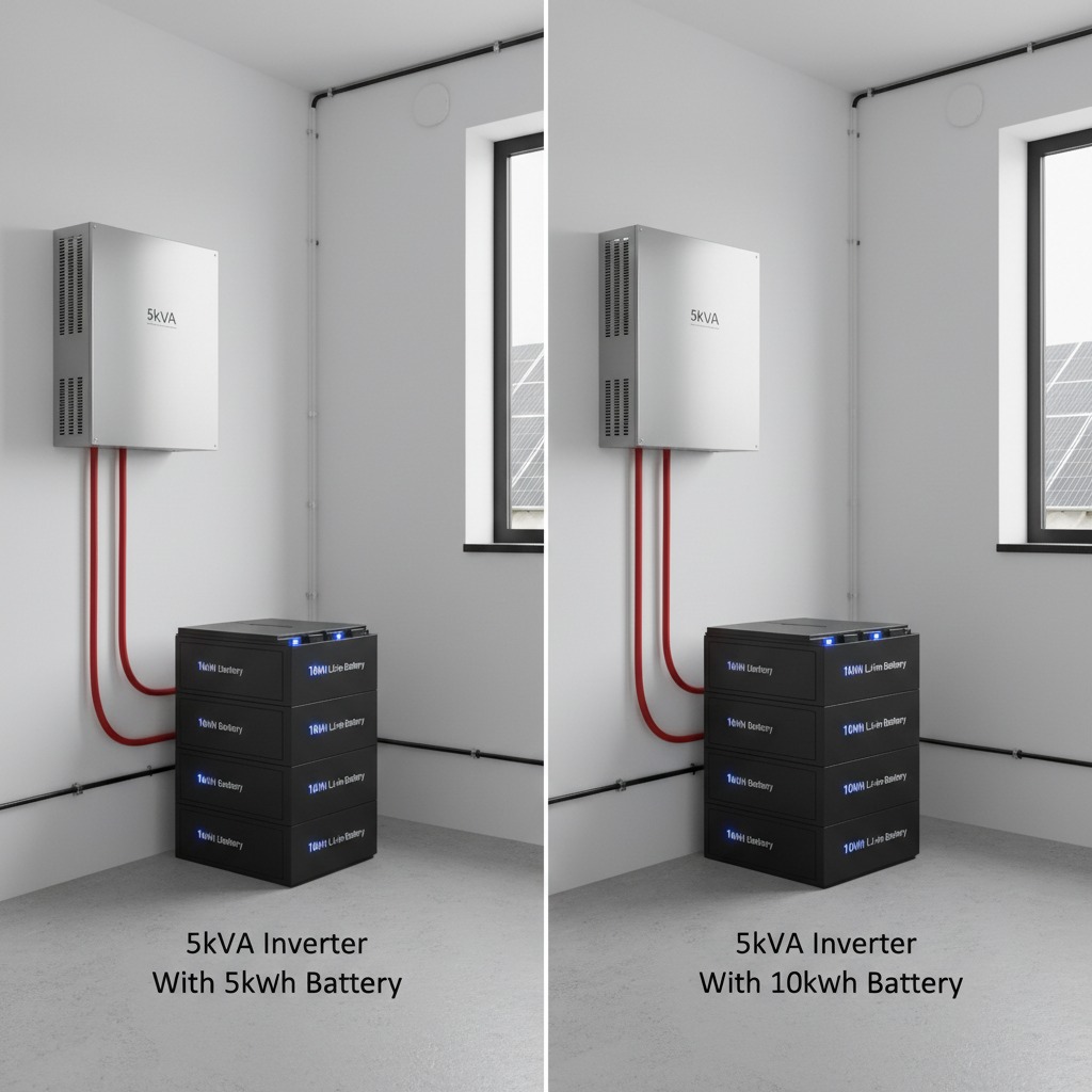 A side-by-side comparison shows a 5kVA inverter connected to either a 5kWh or 10kWh battery stack mounted in the corner of a room.
