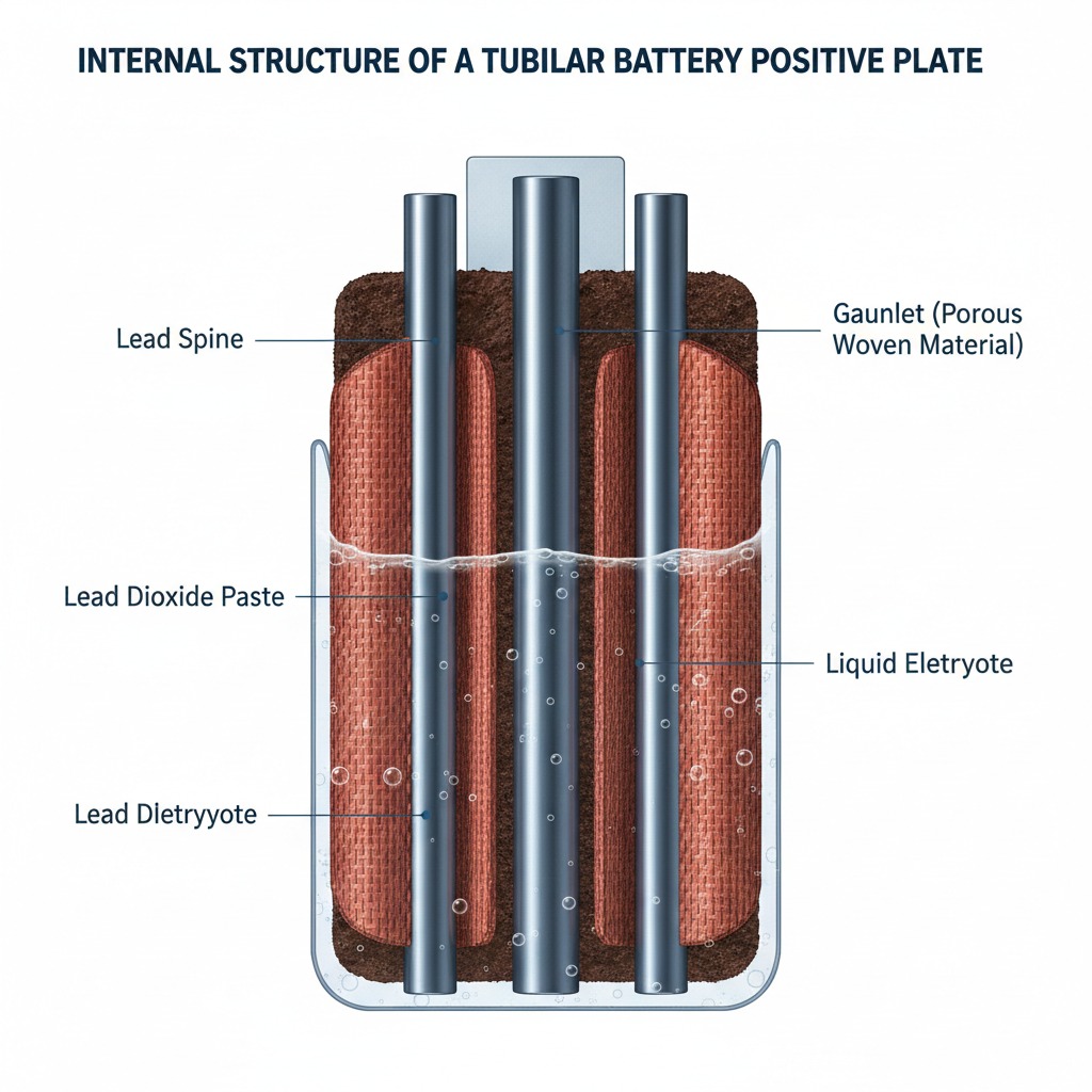 A diagram illustrates the internal structure of a tubular battery positive plate, labeling the lead spines, porous gauntlets, lead dioxide paste, and liquid electrolyte.