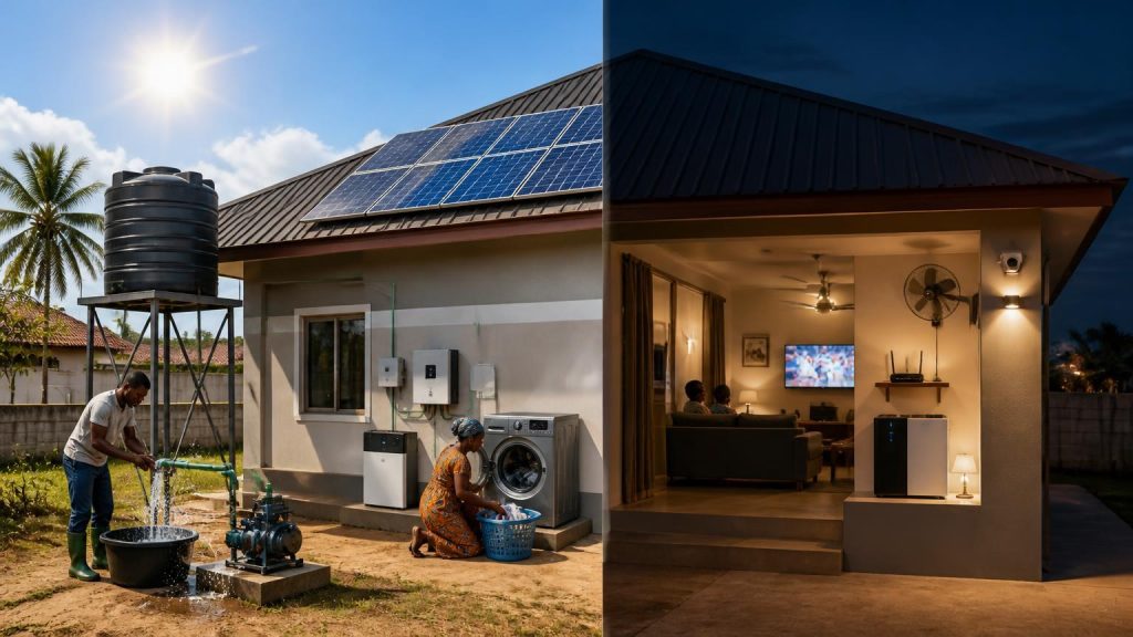 Daytime-first solar system using panels for flexible loads and battery backup for essential night-time appliances