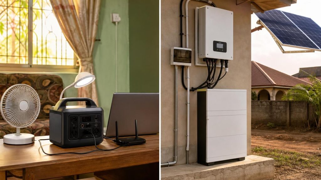 Visual comparison of a portable solar generator and a fixed home inverter system