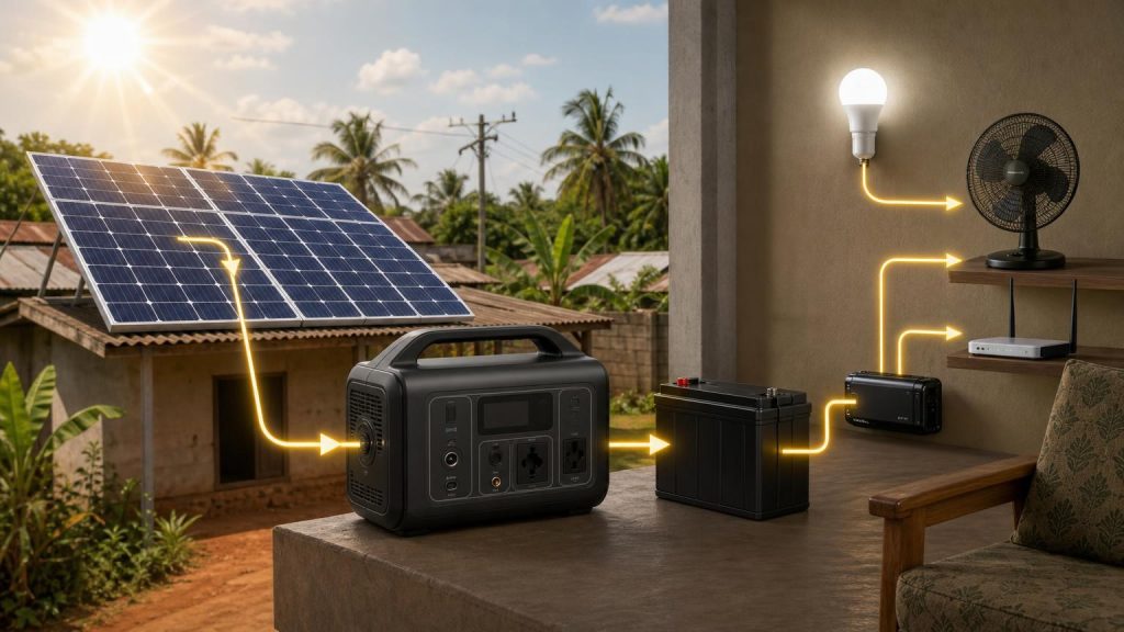 Solar panel charging a portable power station that supplies household appliances
