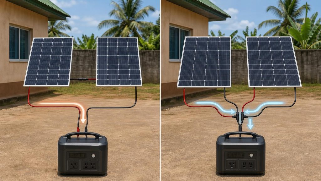 Series and parallel solar panel connections for a portable power station