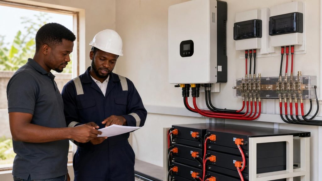 Installer reviewing a 15kVA inverter battery design beside an organised home battery bank