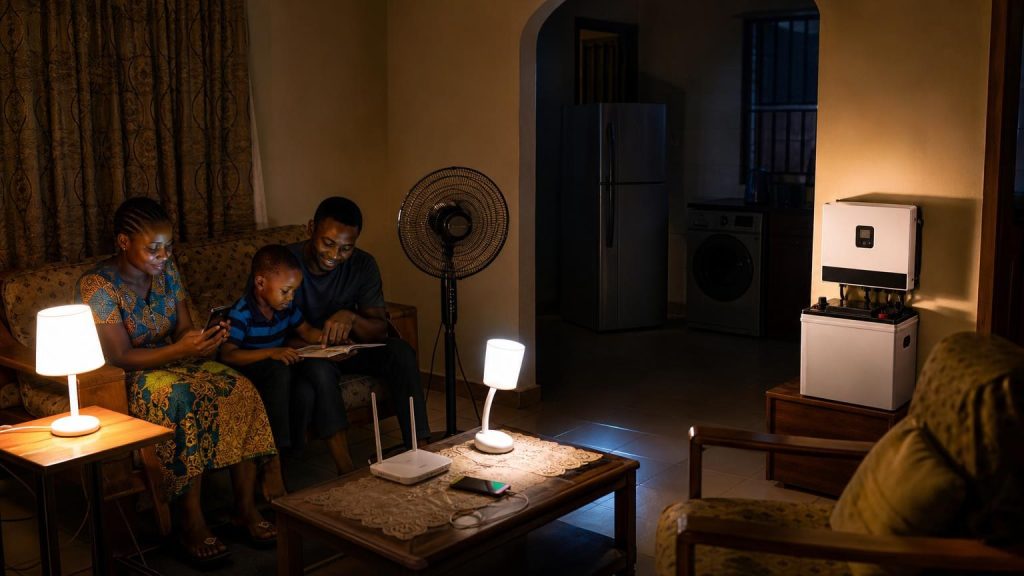 A Nigerian home prioritising essential appliances on a small solar backup system during a blackout