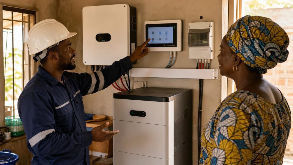Solar installer demonstrating a home solar system during handover in Nigeria