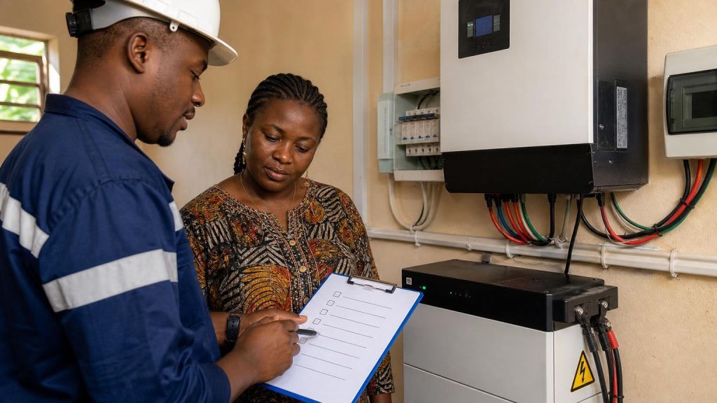 Homeowner reviewing a solar installation commissioning checklist in Nigeria