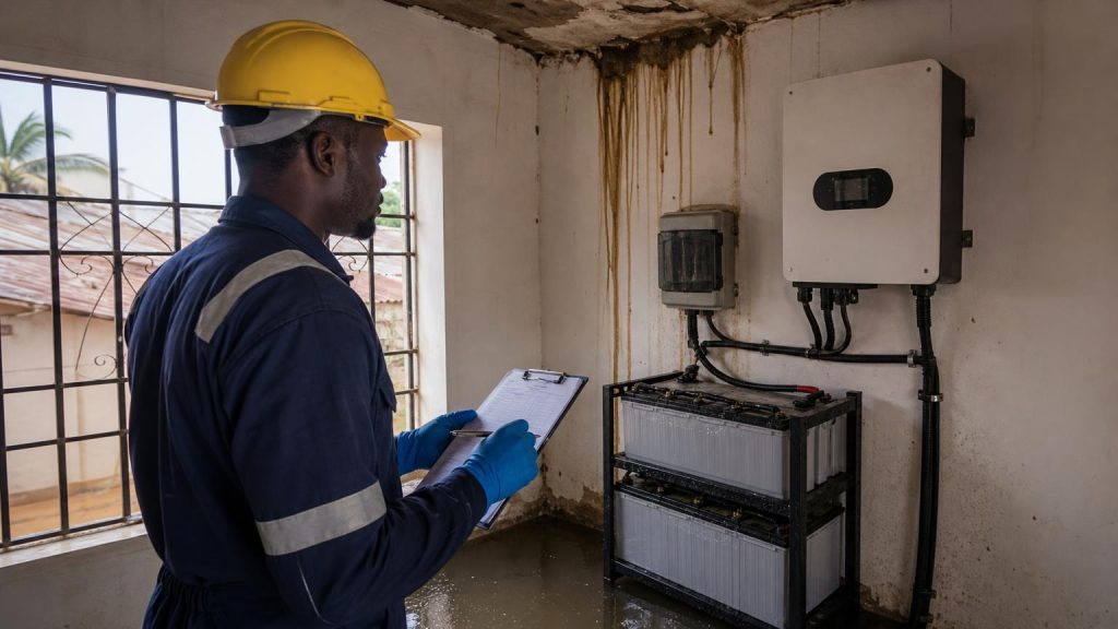 Solar technician assessing water exposure near an inverter and battery in Nigeria